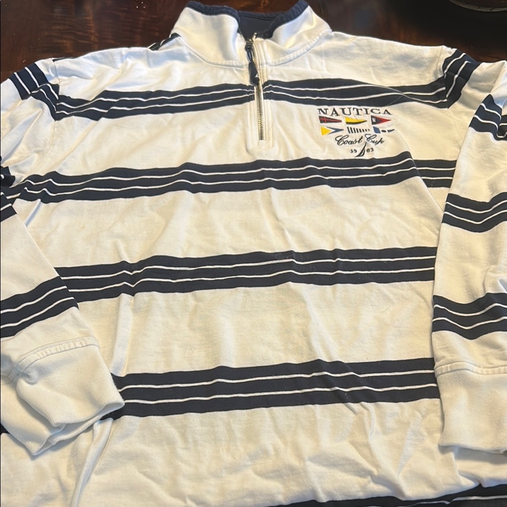 Nautica Navy and White Striped Quarter-Zip